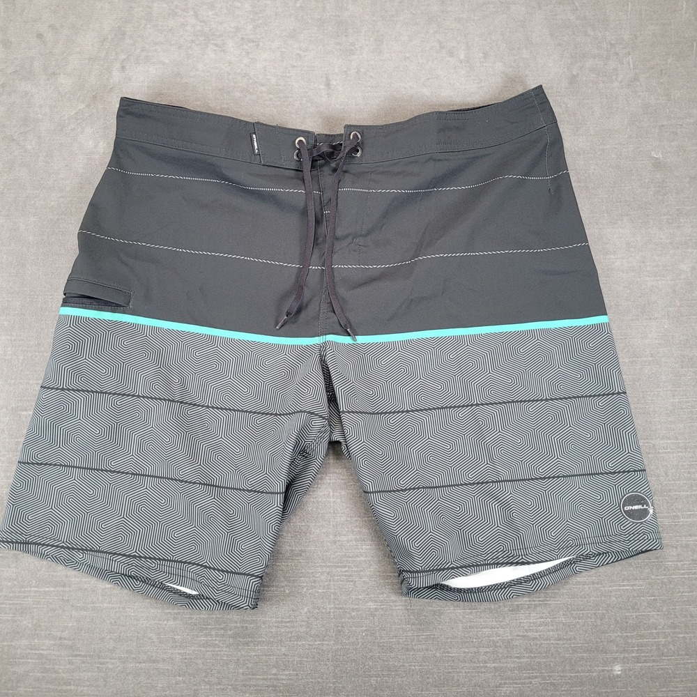 ONeill Hyperfreak Mens Board Shorts Size 36 Black Gray Geometric Striped - Picture 1 of 5